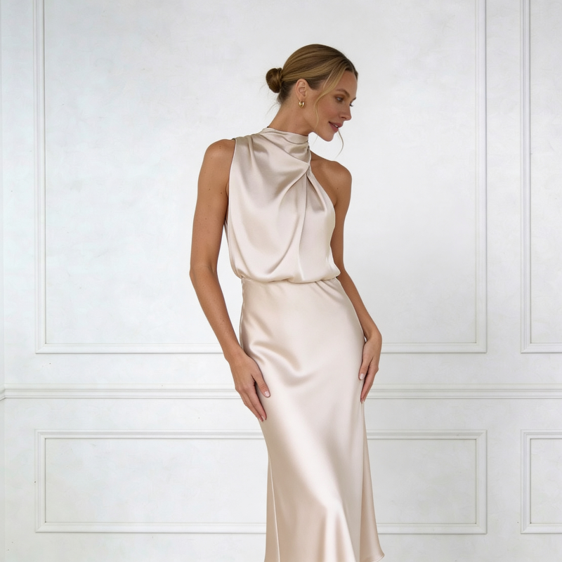 Silk Dress High Neck Pleated Waist