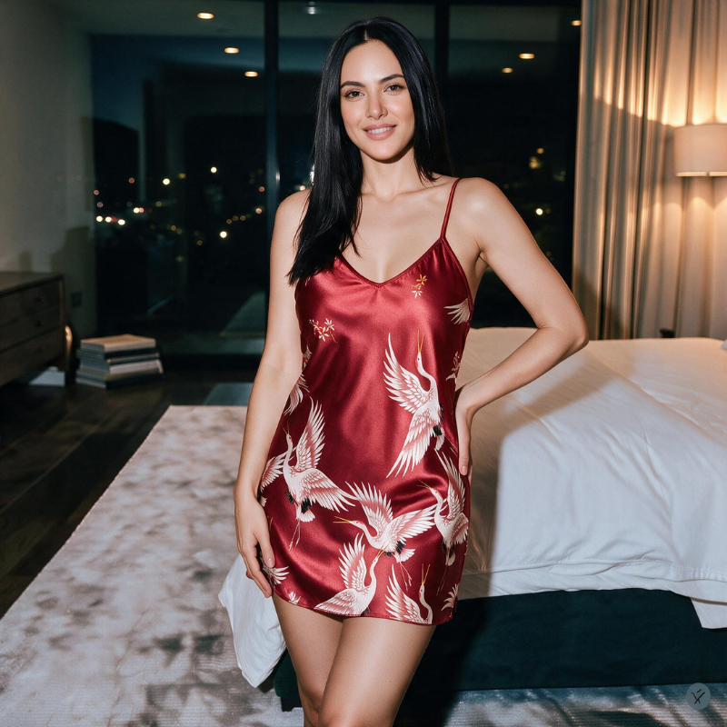 Silky Graceful Crane Print Nightgown