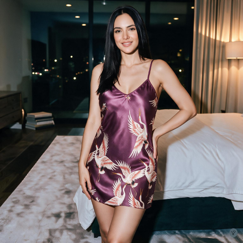 Silky Graceful Crane Print Nightgown
