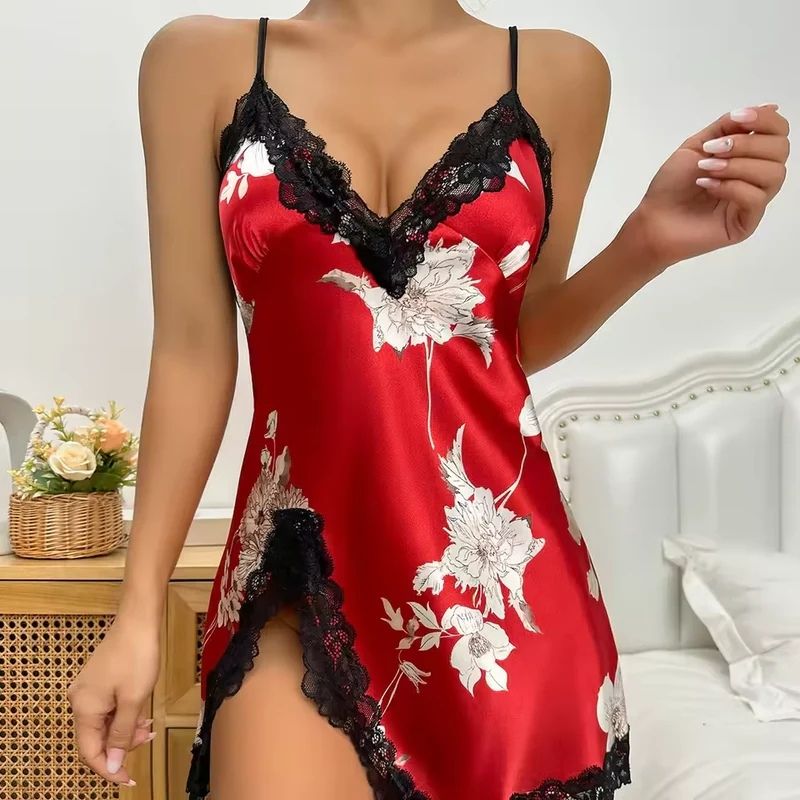 Silk Nightgown Floral Lace Accent