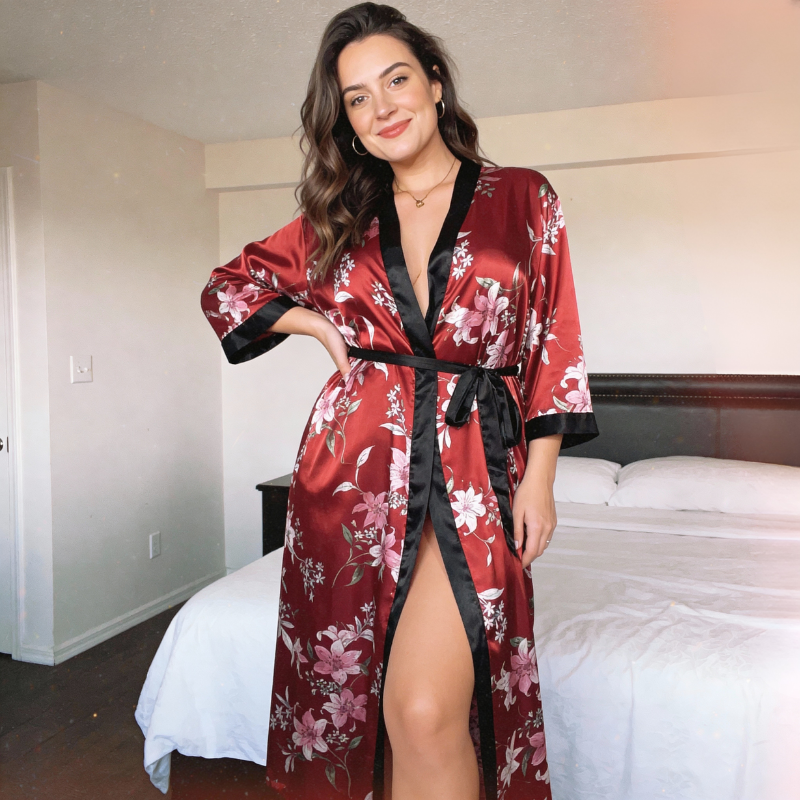 Silk Robe Floral Wrap with Belt - Red Edition