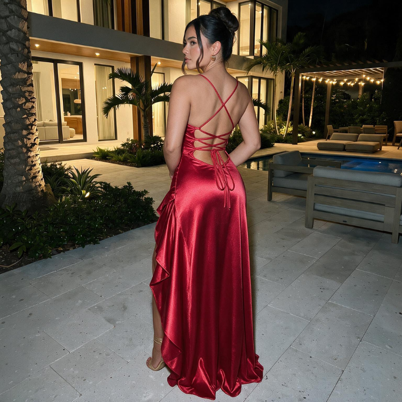 Silky High Slit Ruffle Maxi Dress