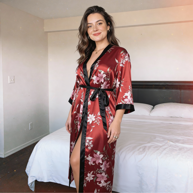 Silk Robe Floral Wrap with Belt - Red Edition