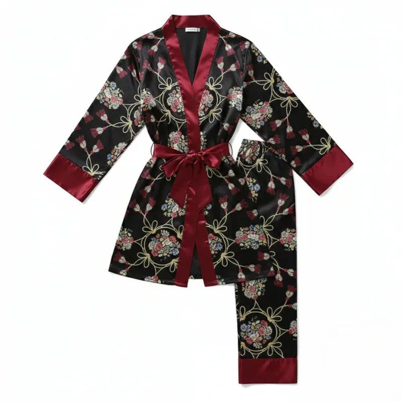 Crimson Bloom Satin Pajamas Set