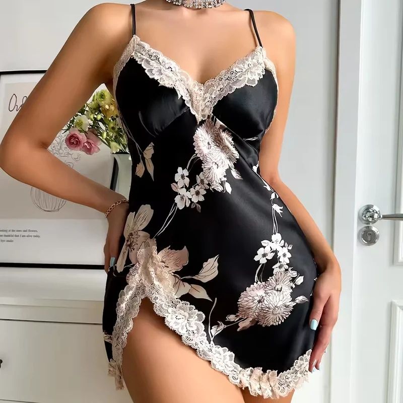 Silk Nightgown Floral Lace Accent