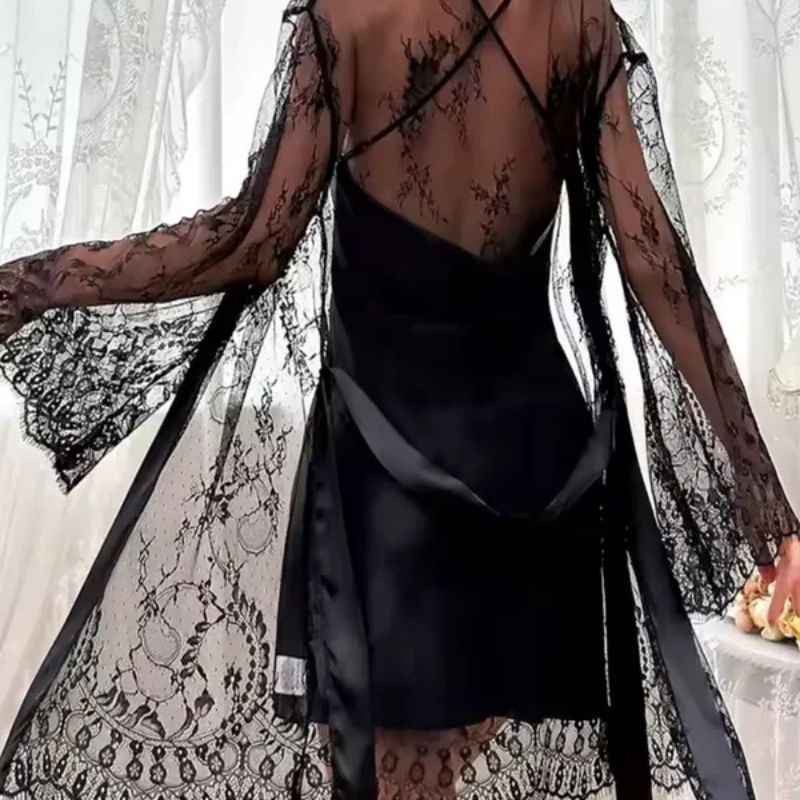 Silk Nightgown Laced Robe Duo