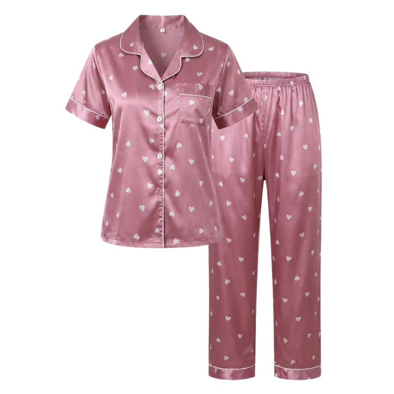 Silk satin pajama set with heart print