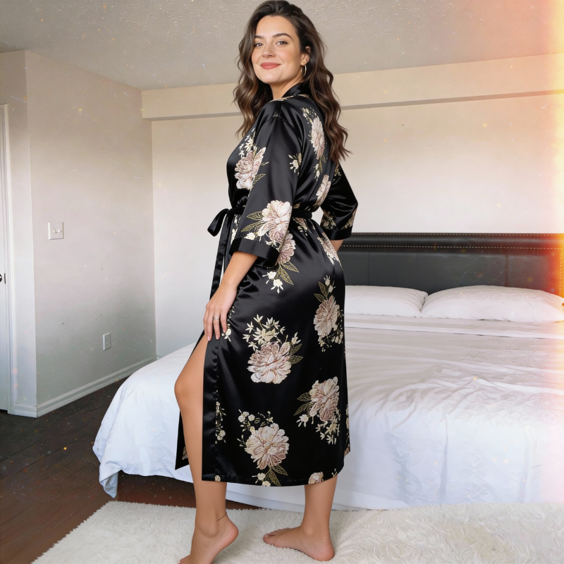 Silk Robe Floral Wrap with Belt - Black Edition