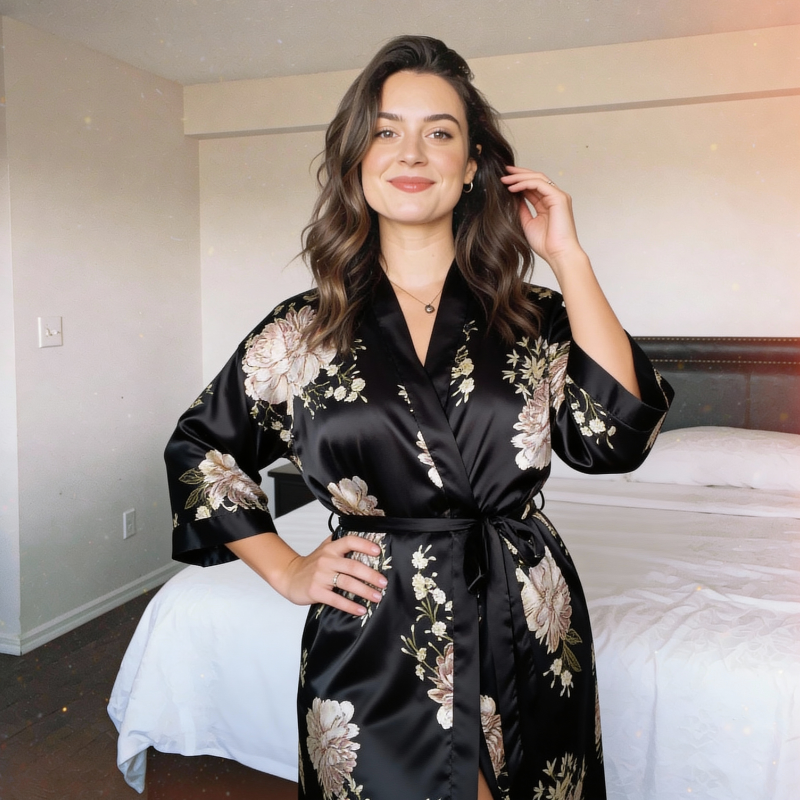 Silk Robe Floral Wrap with Belt - Black Edition