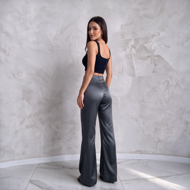 Silky High-Waist Pants - Gray