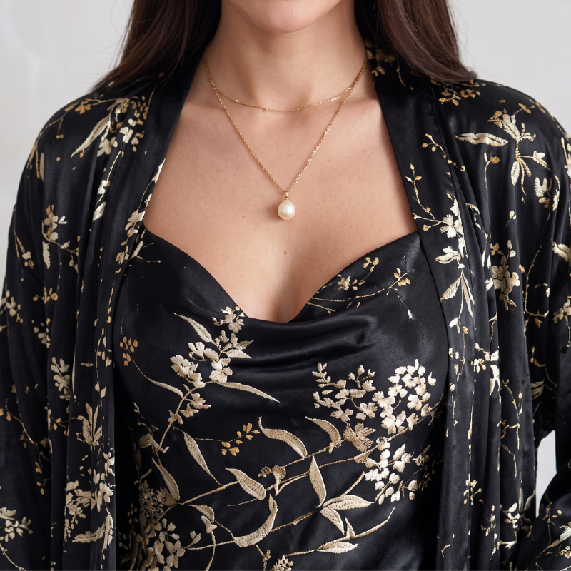 Silky Nightgown Kimono Set Embroidery - Black