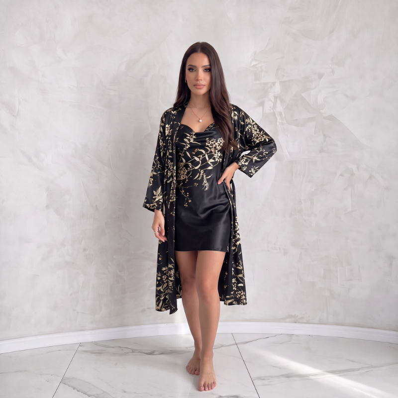 Silky Nightgown Kimono Set Embroidery - Black