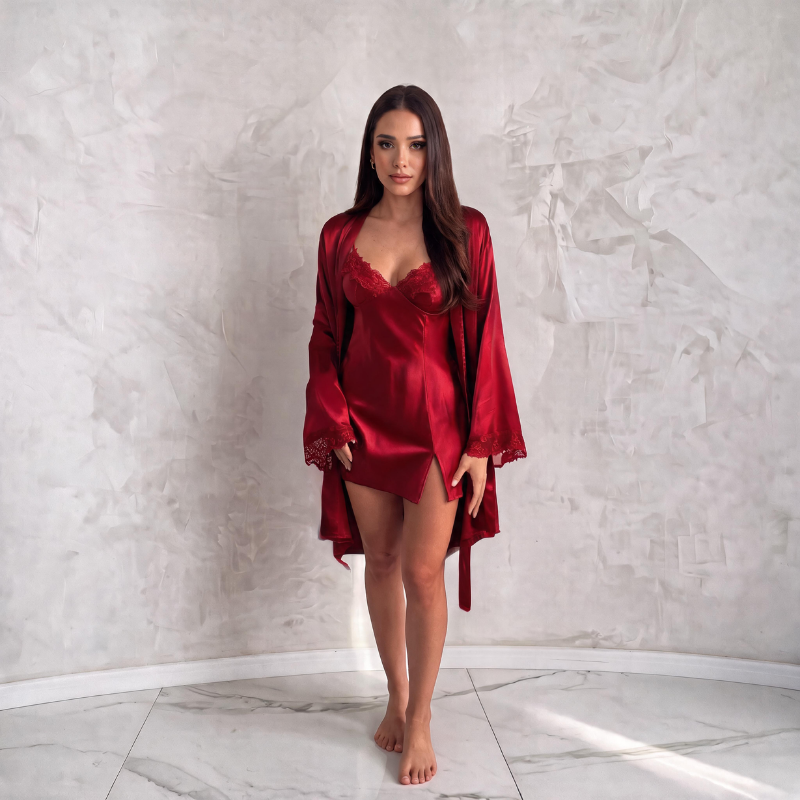Silky Captive – Elegant Lace Sleepwear Duo - Red