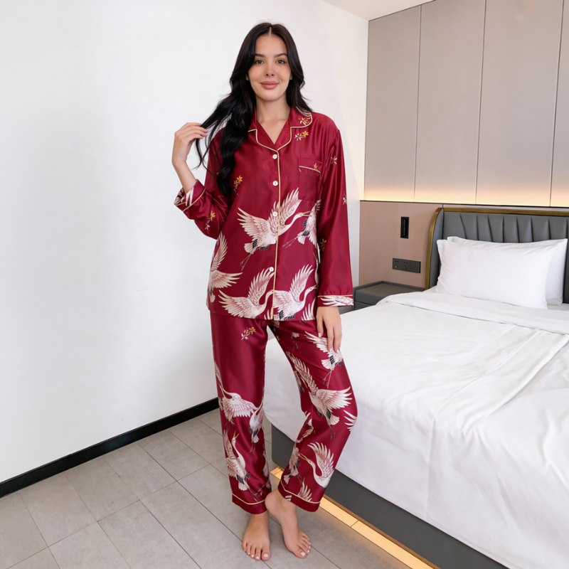 Silk Crane Print Long Sleeve Pajamas Set