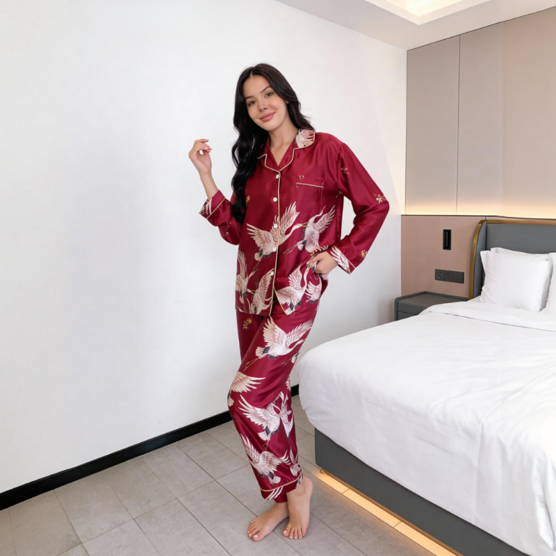 Silk Crane Print Long Sleeve Pajamas Set