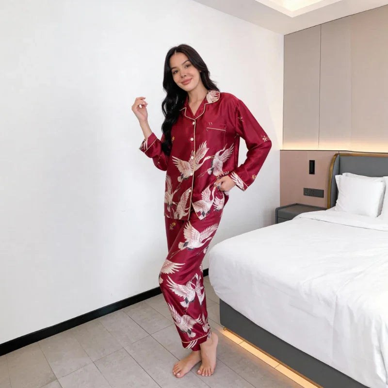 Crane Print Long Sleeve Pajamas Set