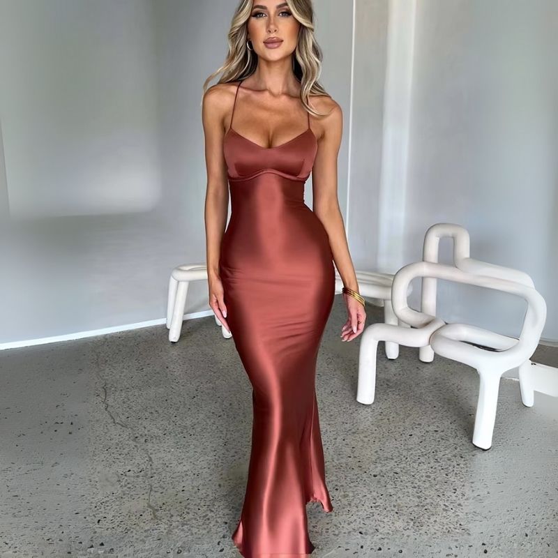 Silk Dress Deep V Strap Bodycon