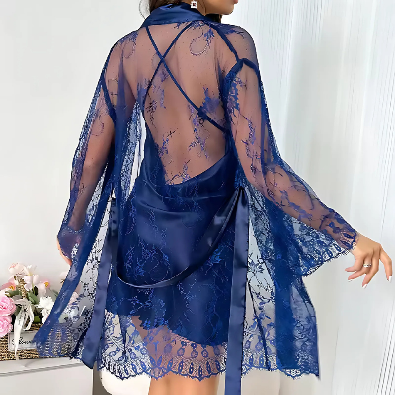 Silk Nightgown Laced Robe Duo