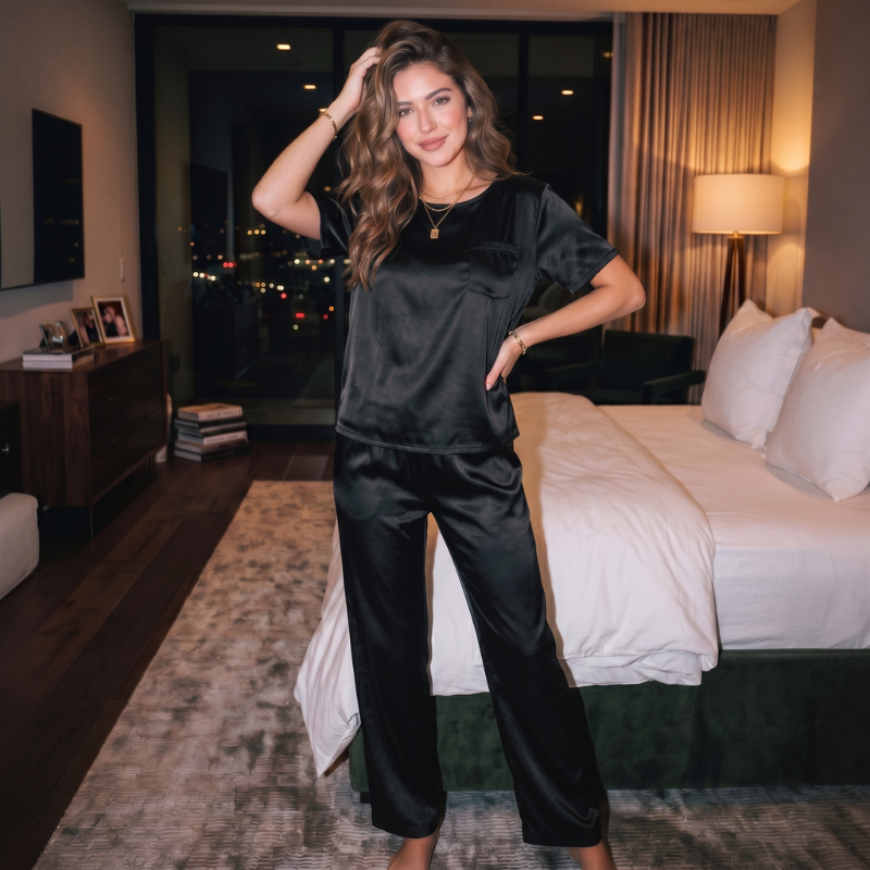 Silky Loose Tee & Pants Long Pajama Set