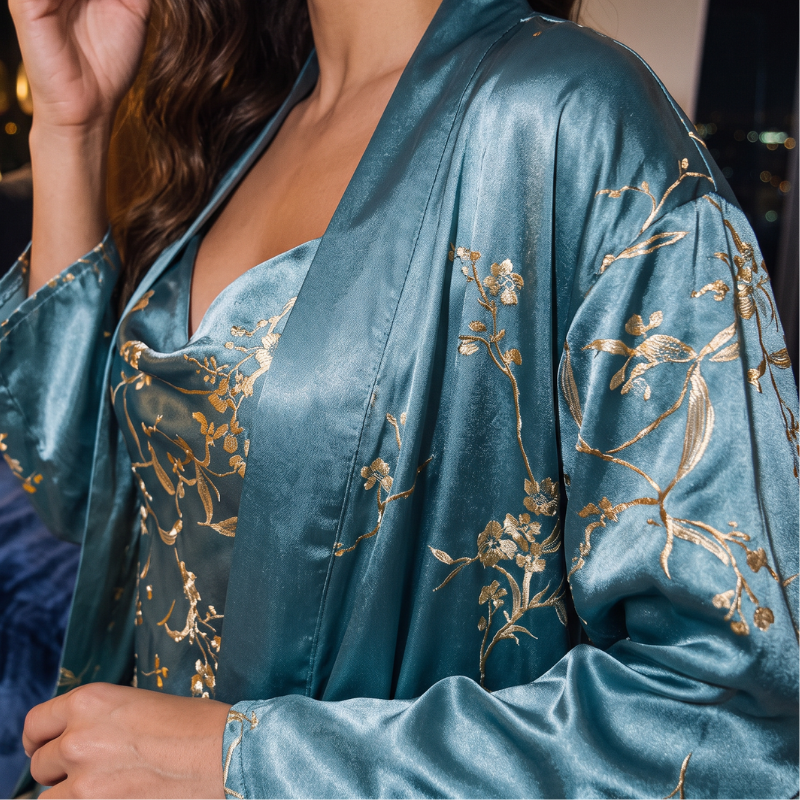 Silky Nightgown Kimono Set Embroidery