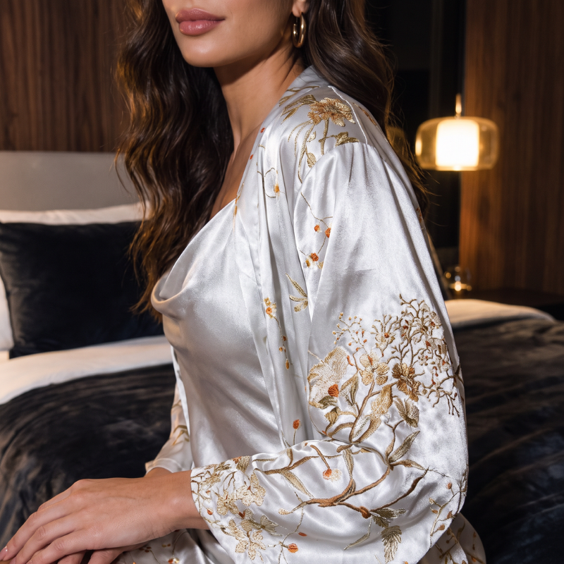Silky Nightgown Kimono Set Embroidery