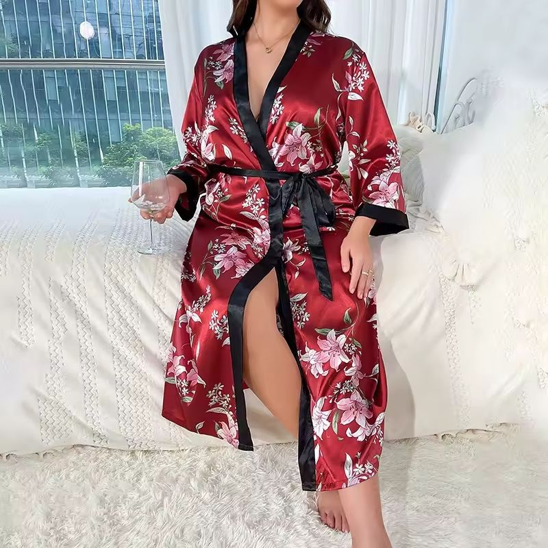 Silk Robe Floral Wrap with Belt