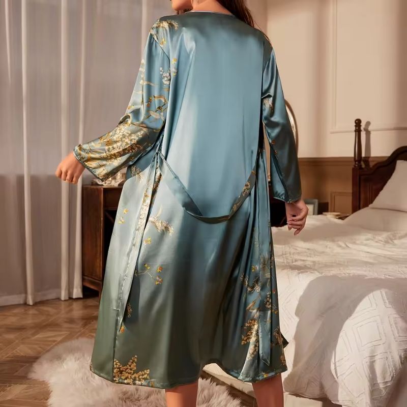 Silk Robe Oriental Print Long Line