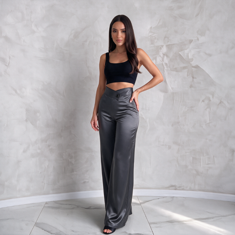Silky High-Waist Pants - Gray