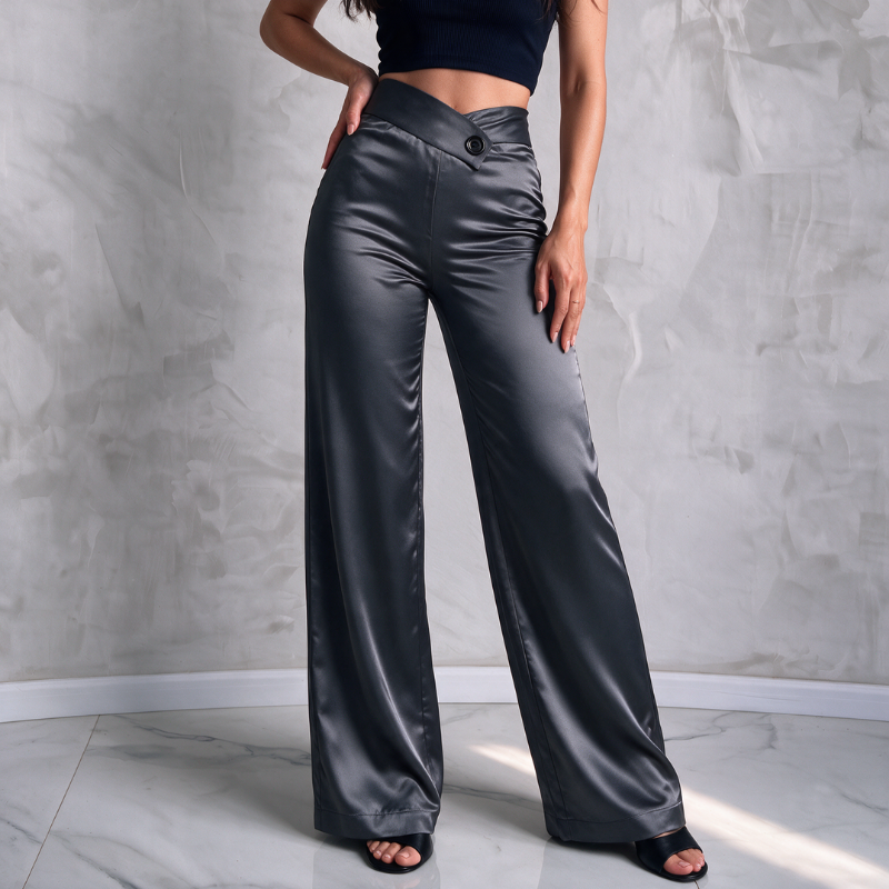 Silky High-Waist Pants - Gray