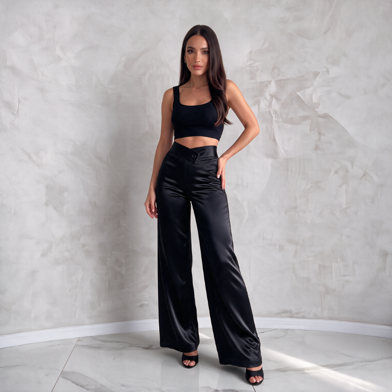 Silky High-Waist Pants - Black