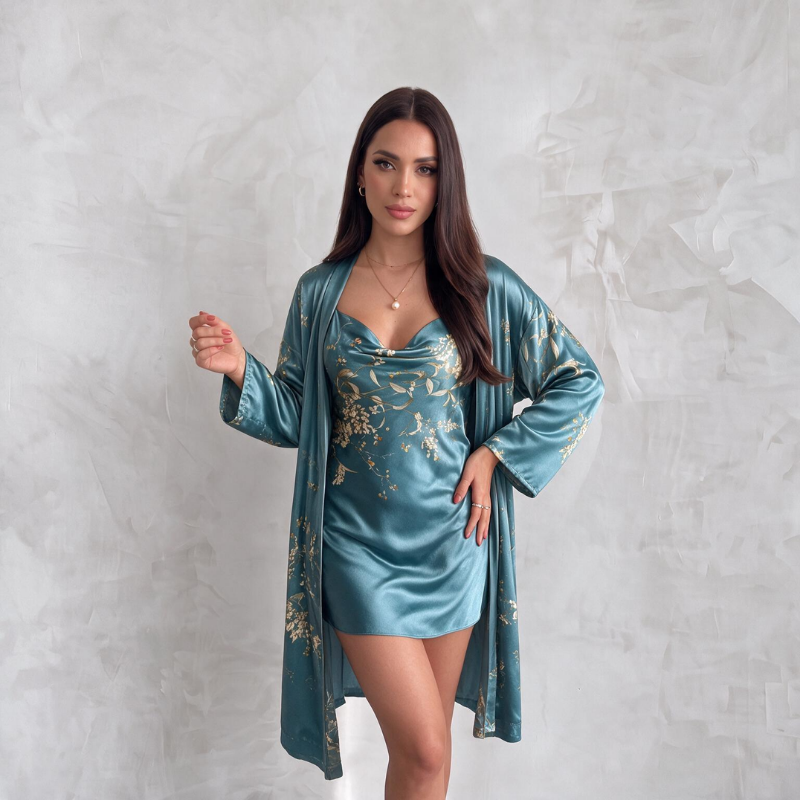 Silky Nightgown Kimono Set Embroidery - Green