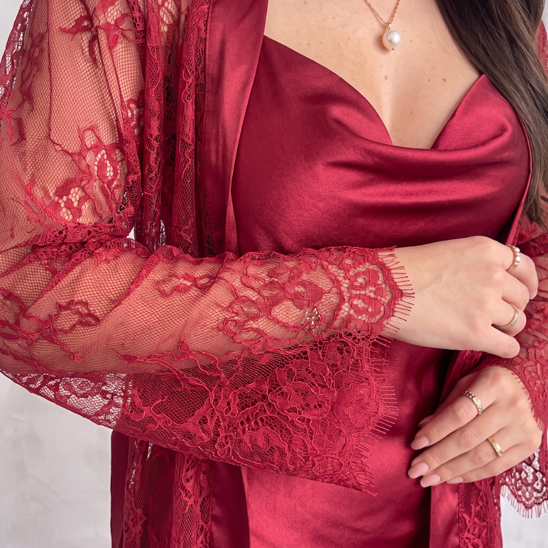 Silky Nightgown Laced Robe Duo - Red