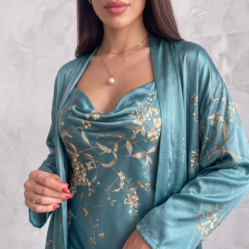 Silky Nightgown Kimono Set Embroidery - Green