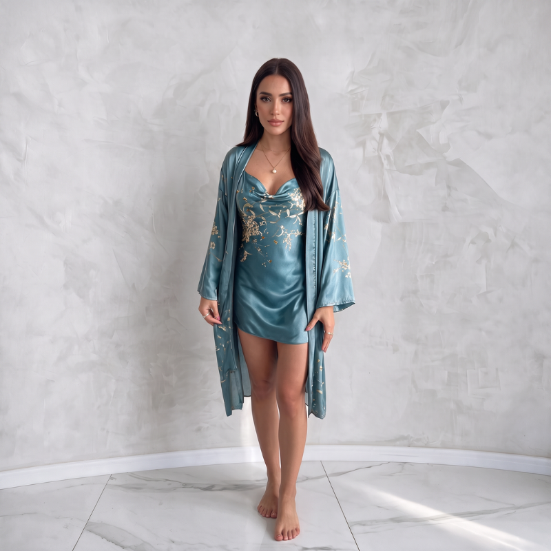 Silky Nightgown Kimono Set Embroidery - Green