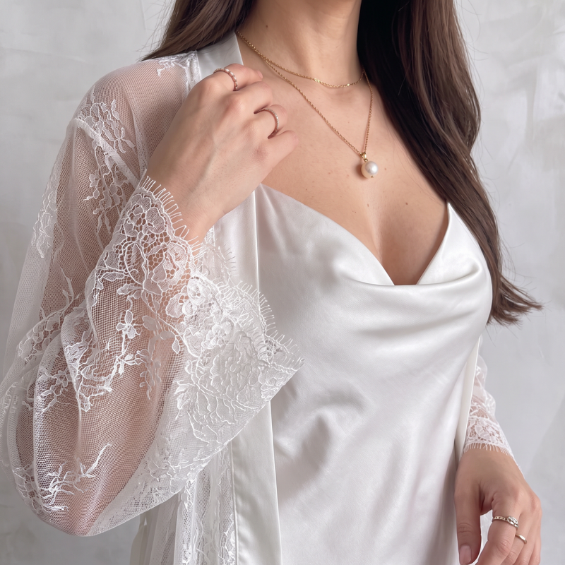 Silky Nightgown Laced Robe Duo - White