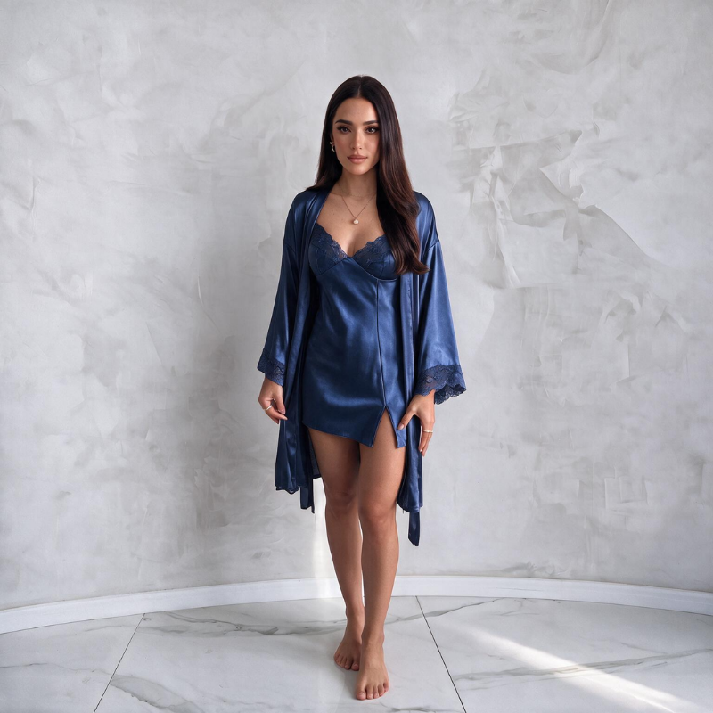 Silky Captive – Elegant Lace Sleepwear Duo - Navy Blue