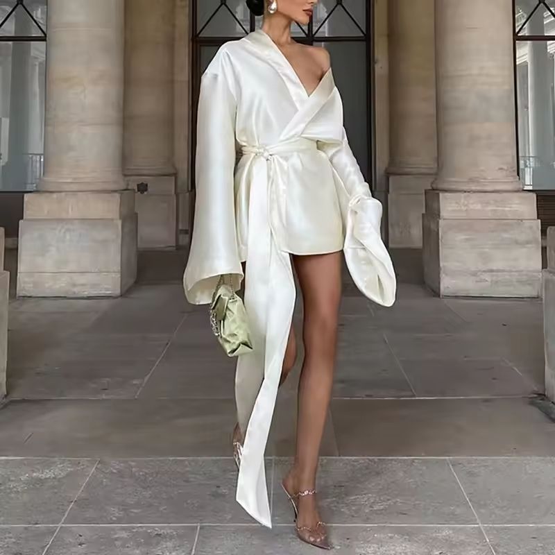 Silk Dress Flowy V Neck Midi