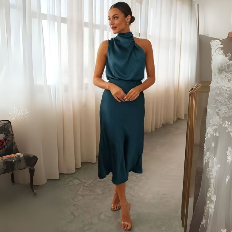 Silk Dress High Neck Pleated Waist