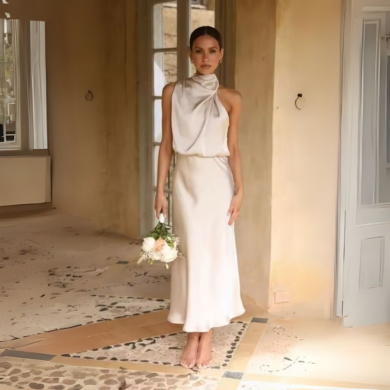 Silk Dress High Neck Pleated Waist