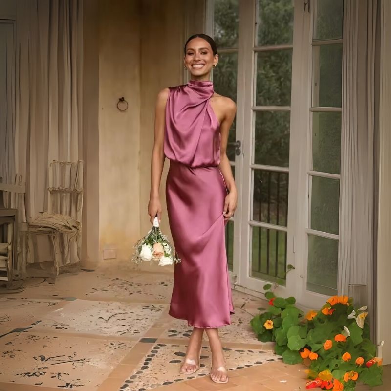 Silk Dress High Neck Pleated Waist