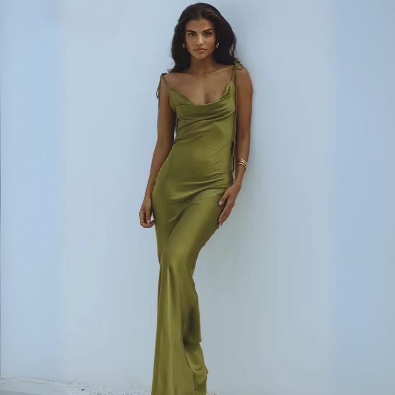 Silk Dress Thin Strap Side Ruched