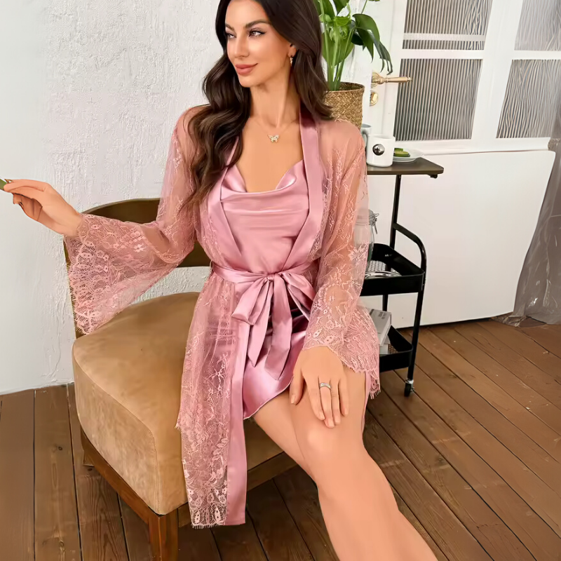 Silk Nightgown Laced Robe Duo