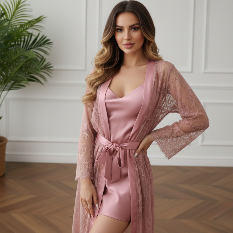 Silk Nightgown Laced Robe Duo